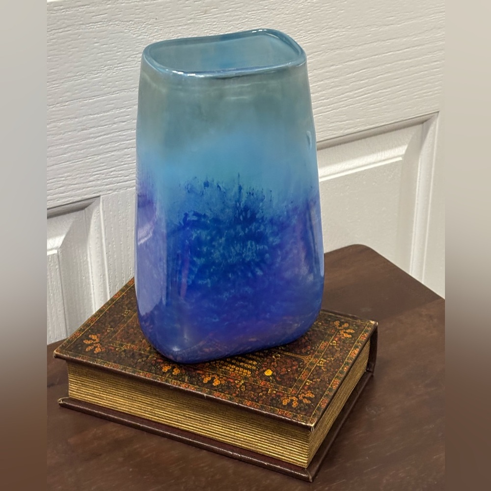 Teleflora Iridescent Glass Blue Turquoise Aqua Rectangular Vase 9”